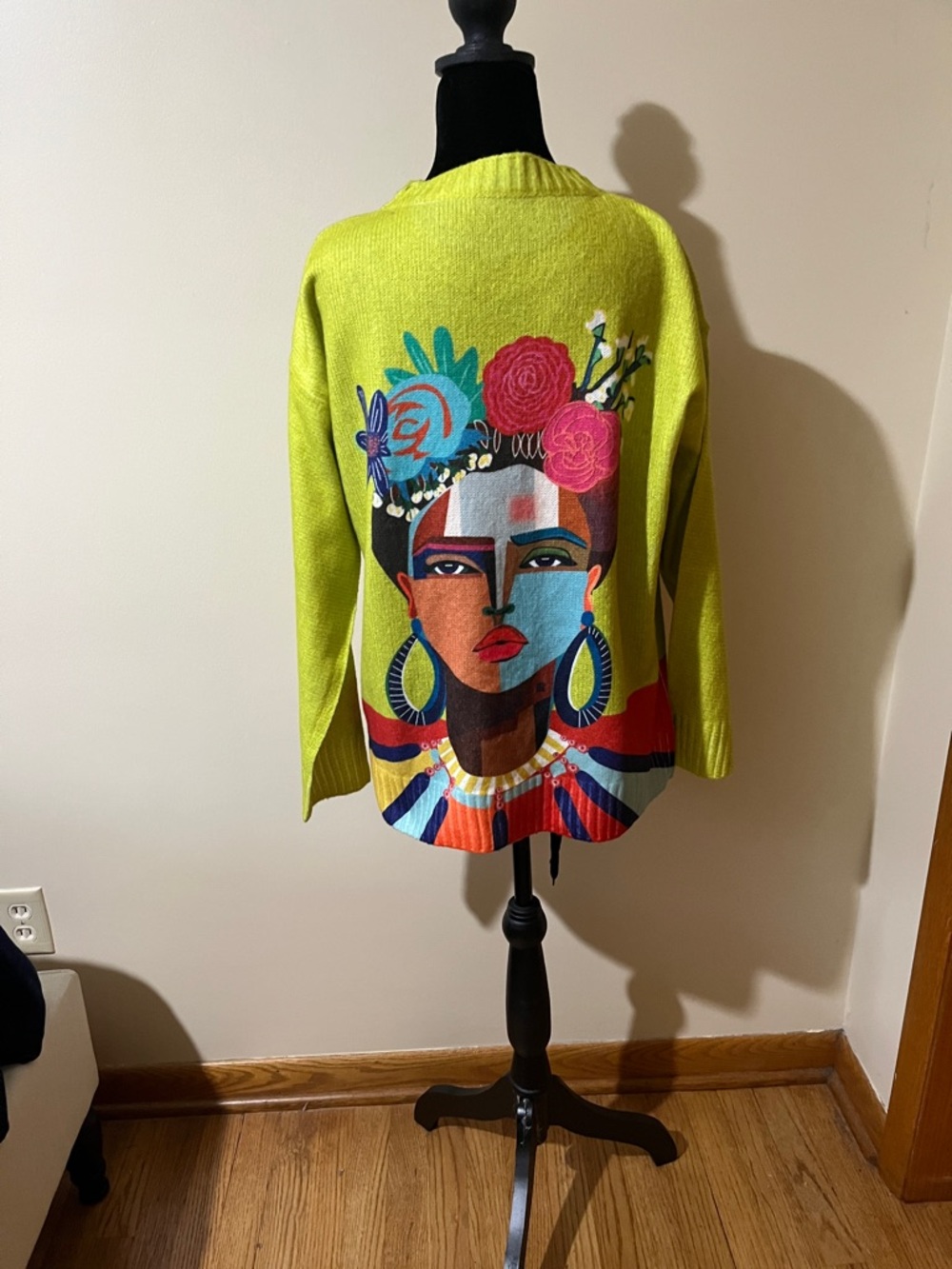 Frida Kahlo Inspired Lime Green Graphic Knit Sweater - Picture 2 of 2